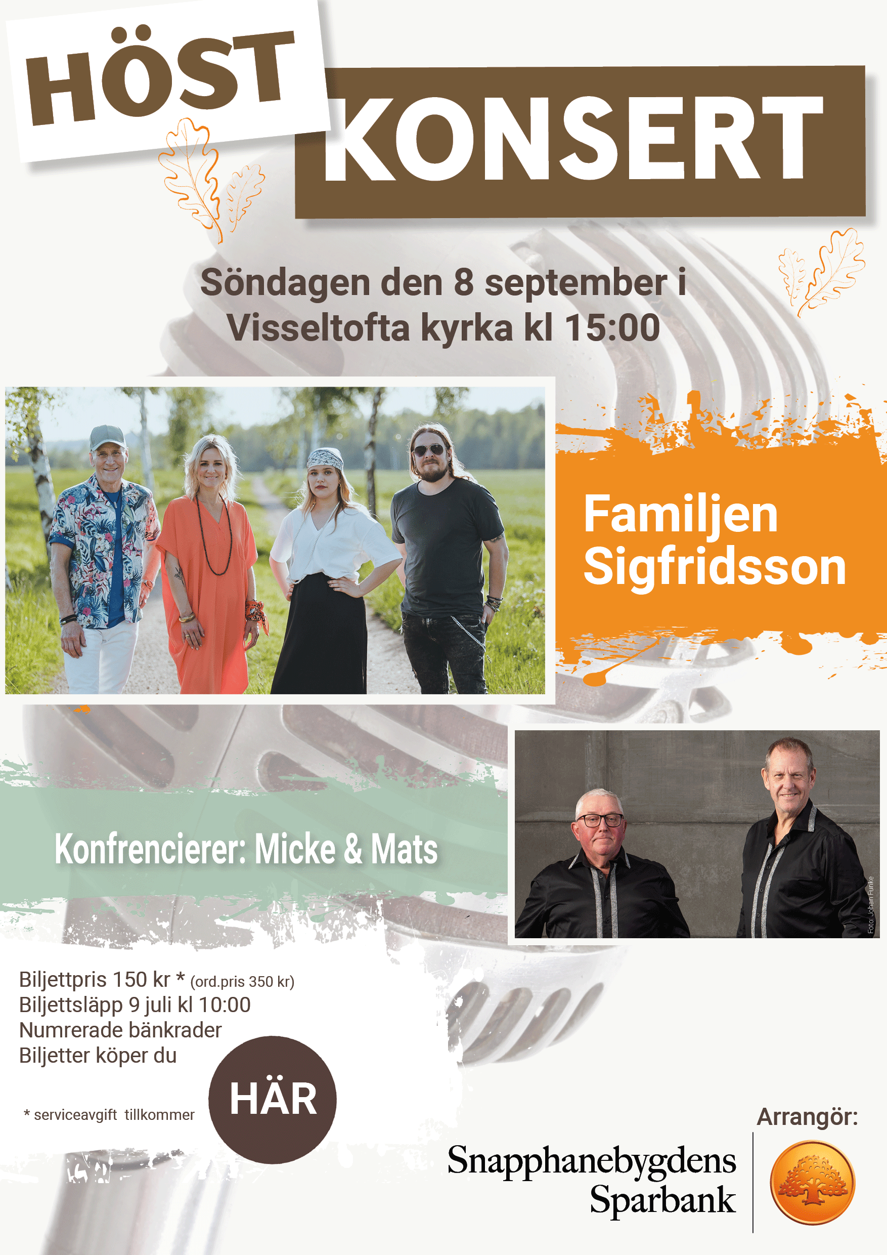 information om årets konsert i visseltofta kyrka den 8 september kl 15:00. Medverkande familjen Sigfridssons. Biljetter köper du via länk till Nortic.se